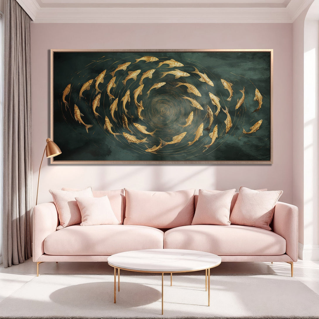 Framed Wall Art featuring a school of golden fish on a teal background. Elegant, modern art with a soft pink and gold color palette.