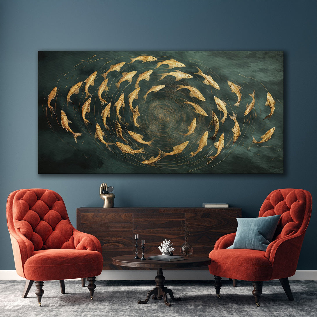 Framed Wall Art featuring a school of golden fish on a dark teal background. Modern style with gold accents, perfect for living room decor.