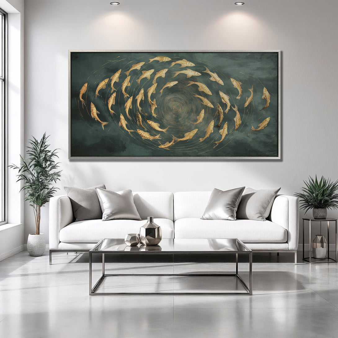 Framed Wall Art featuring a school of golden fish on a teal background. Modern, elegant decor with a calming color palette.