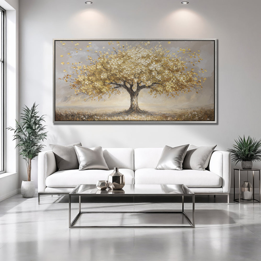 Framed Wall Art: Golden tree painting in a modern interior. Neutral color palette with gold accents. Perfect for living room decor.