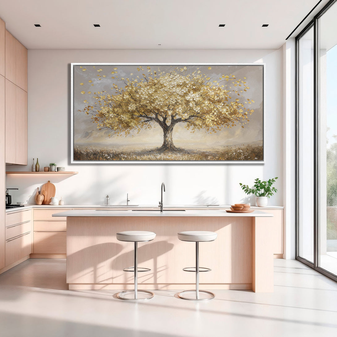 Framed Wall Art: Golden tree painting in a modern kitchen. Neutral color palette with gold accents. Perfect for living room or dining area decor.