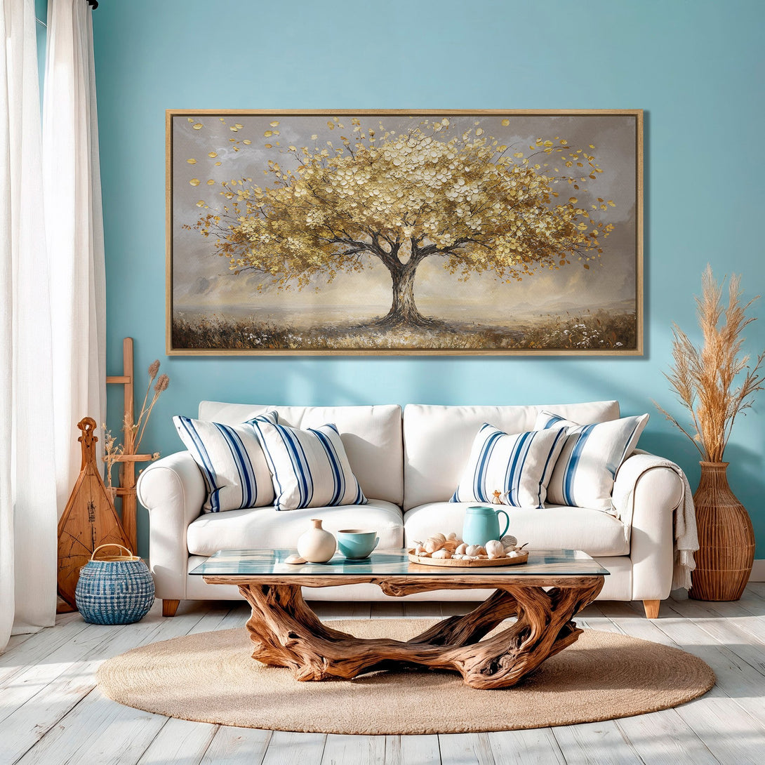 Framed Wall Art: Golden tree painting in neutral tones. Perfect for adding a touch of nature & elegance to your living room. Shop now!
