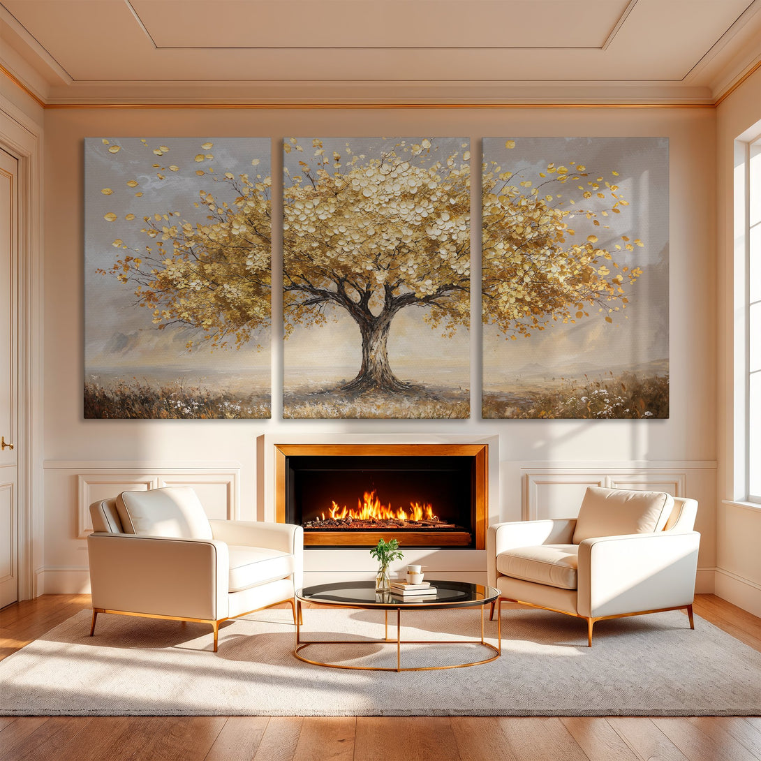 Canvas Print of a golden tree painting in a neutral interior. Warm, inviting color palette. Perfect for living room decor.
