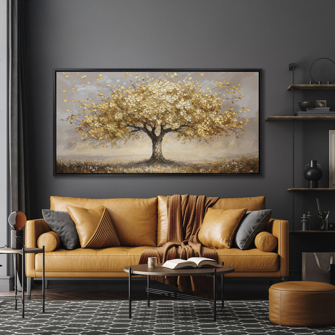 Framed Wall Art featuring a golden tree painting. Warm, neutral color palette complements the modern interior design. Perfect for adding elegance to your living room.