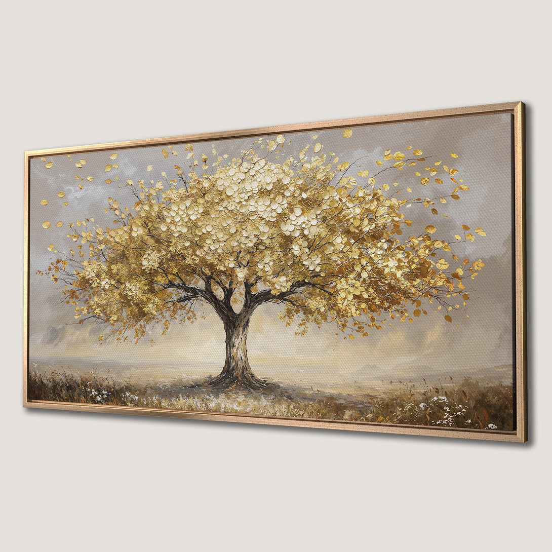 Framed Wall Art: Golden tree painting with a warm, neutral color palette. Enhance your space with this elegant, textured canvas print.