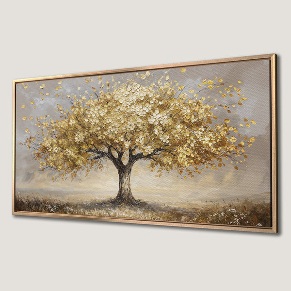 Framed Wall Art: Golden tree painting with a warm, neutral color palette. Enhance your space with this elegant, textured canvas print.