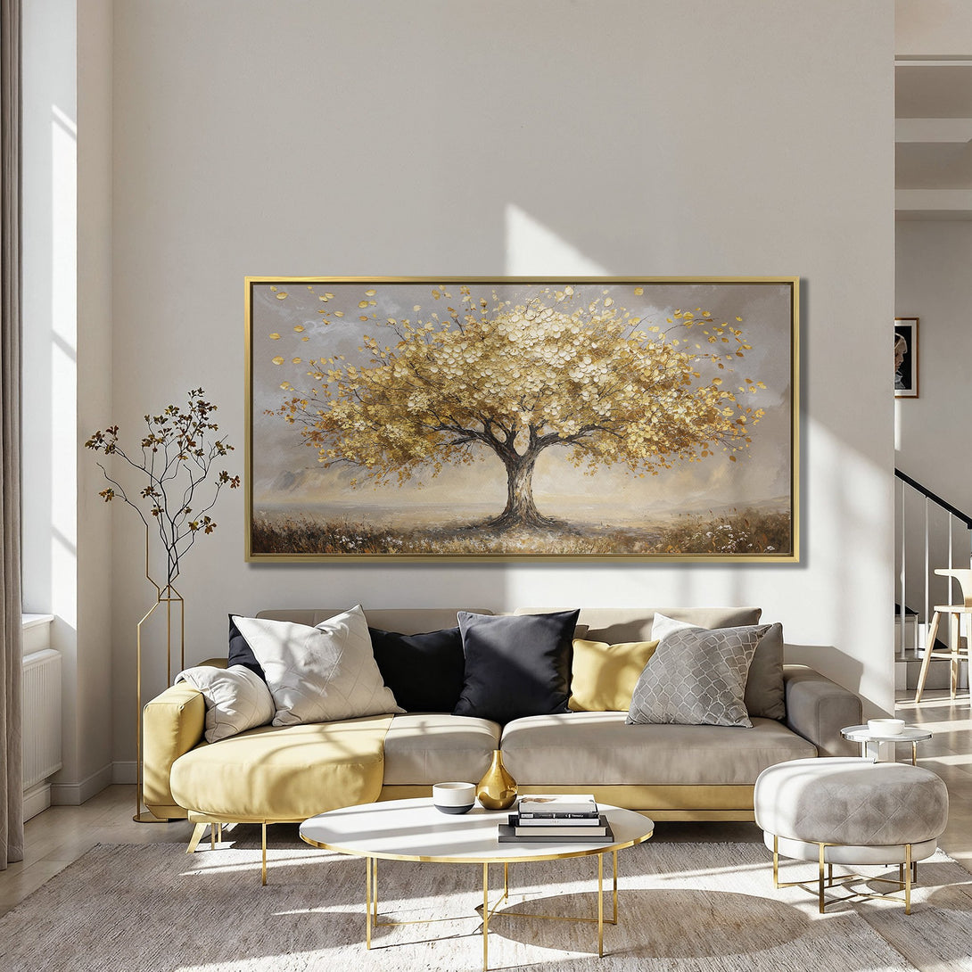 Canvas Print of a golden tree in a warm, inviting interior. Earthy tones and a touch of luxury. Perfect wall art for any space.
