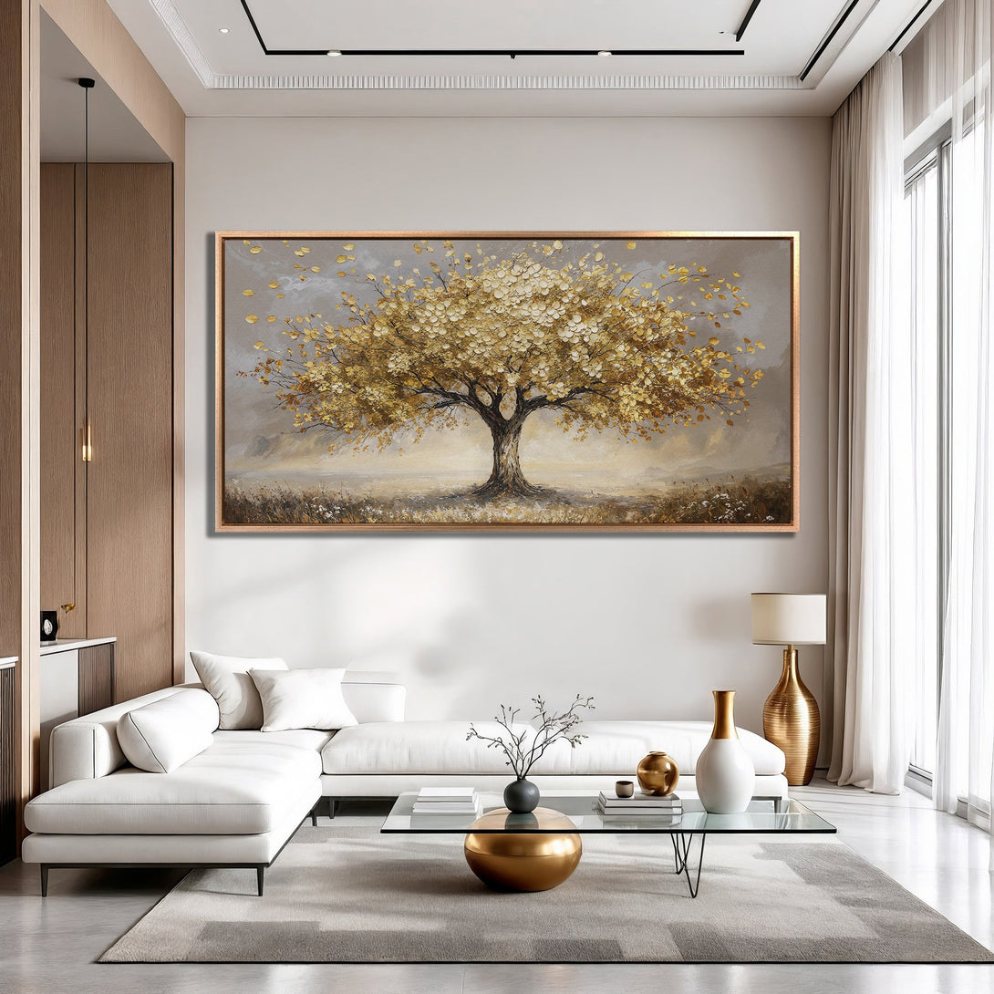 Framed Wall Art: Golden tree painting in a modern living room. Warm neutral color palette with gold accents, perfect for adding elegance to your space.