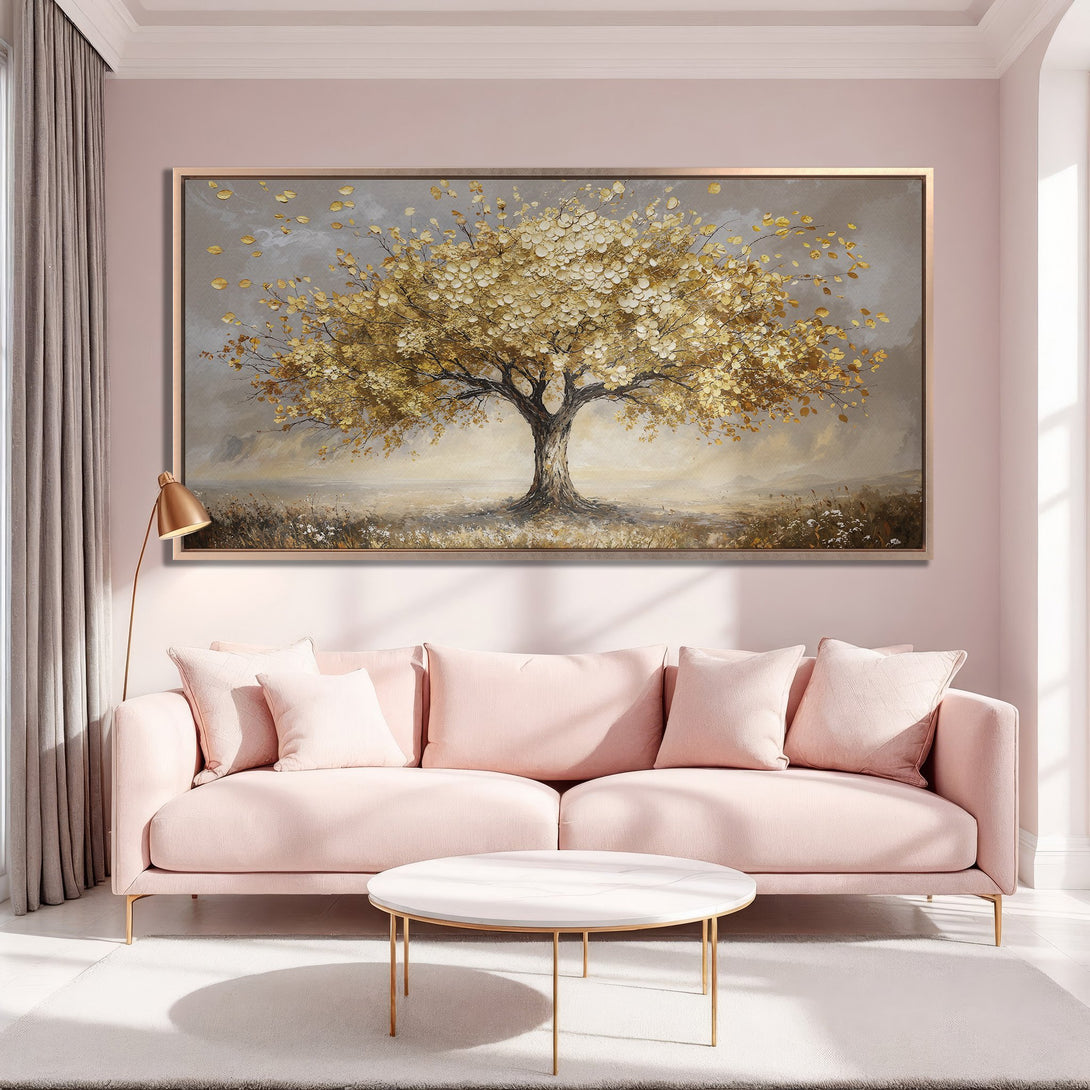 Framed Wall Art: Golden tree painting in a blush pink interior. Elegant art with gold and neutral tones. Perfect for adding warmth and style.
