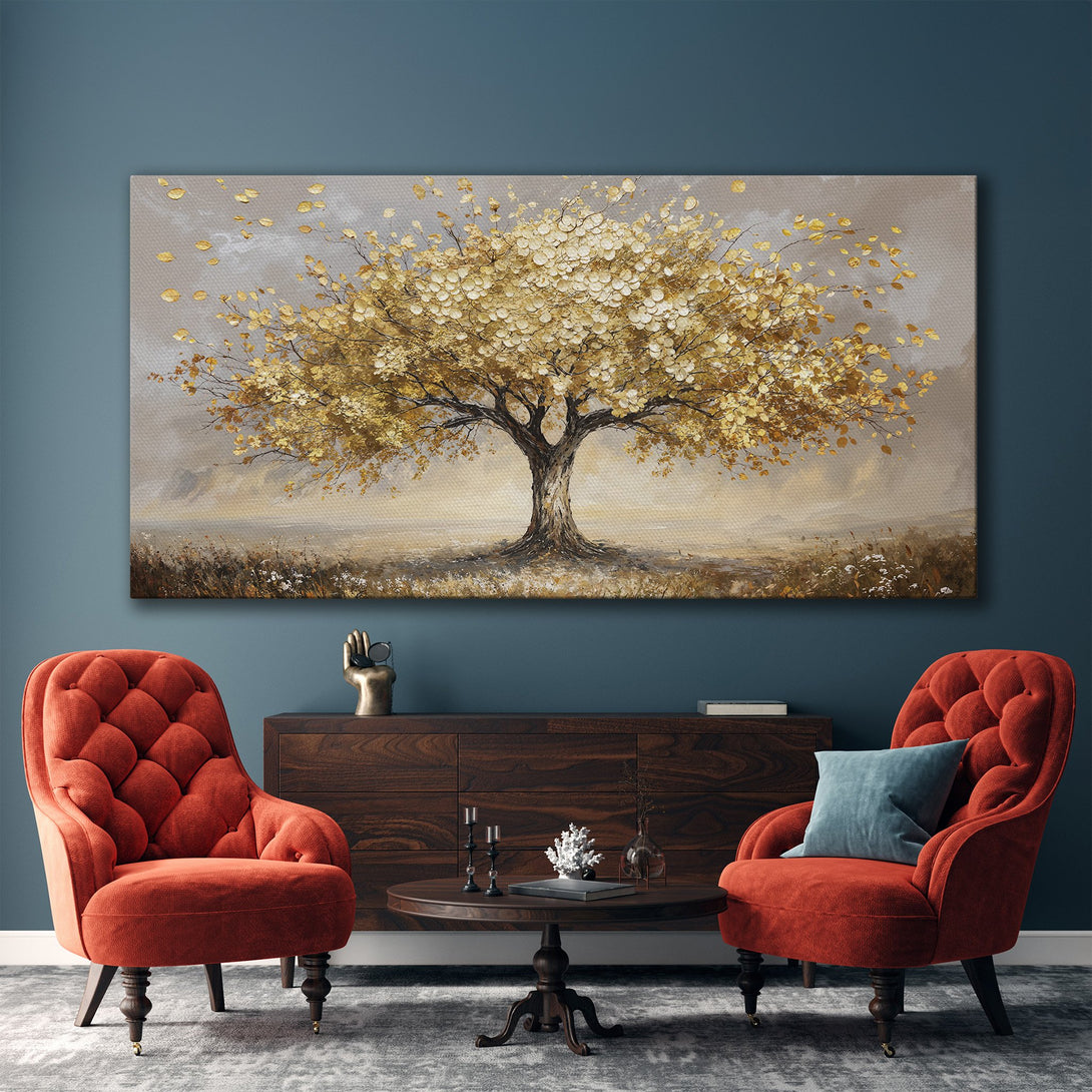 Framed Wall Art: Golden tree painting in a modern living room. Neutral color palette with gold accents. Perfect for adding elegance to your home decor.