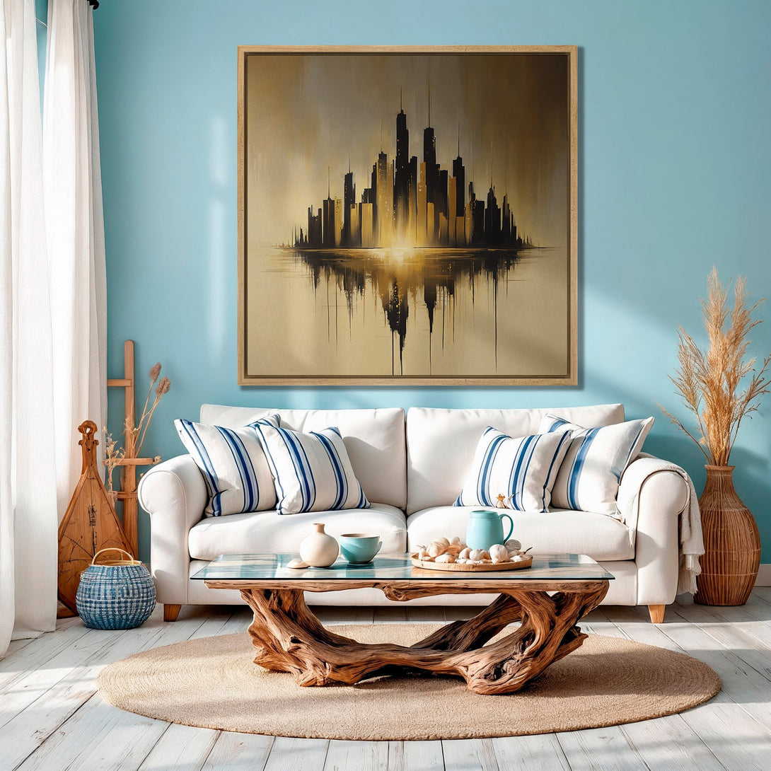 Framed Wall Art: Abstract cityscape Canvas Print in gold and black. Modern art with a coastal vibe, perfect for living room decor.
