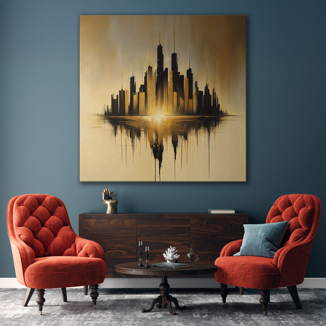 Framed Wall Art: Abstract cityscape Canvas Print in gold and black. Modern art for living room decor. Neutral color palette with a touch of luxury.