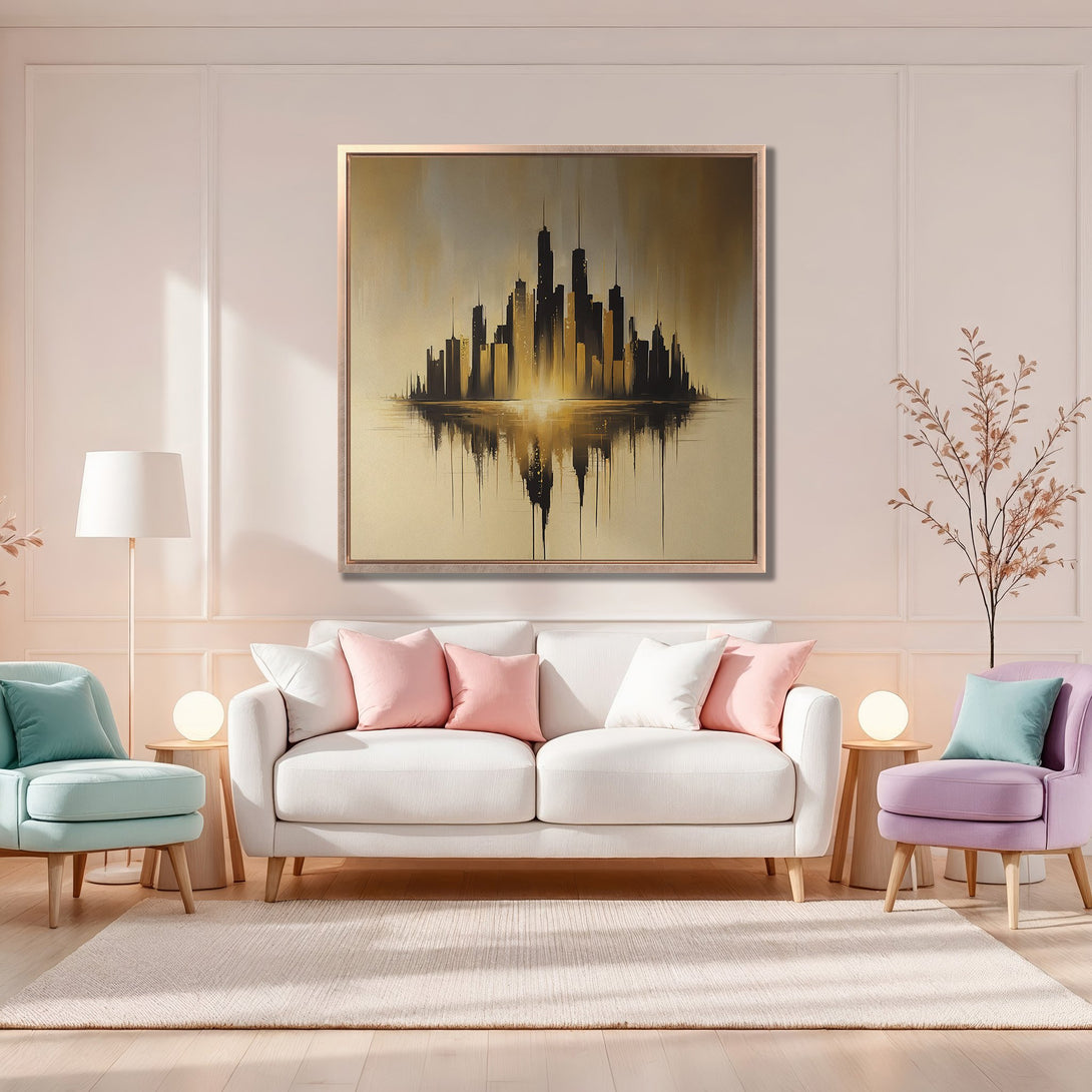Framed Wall Art: Abstract cityscape canvas print in gold and black, displayed in a modern living room with a warm, neutral color palette.