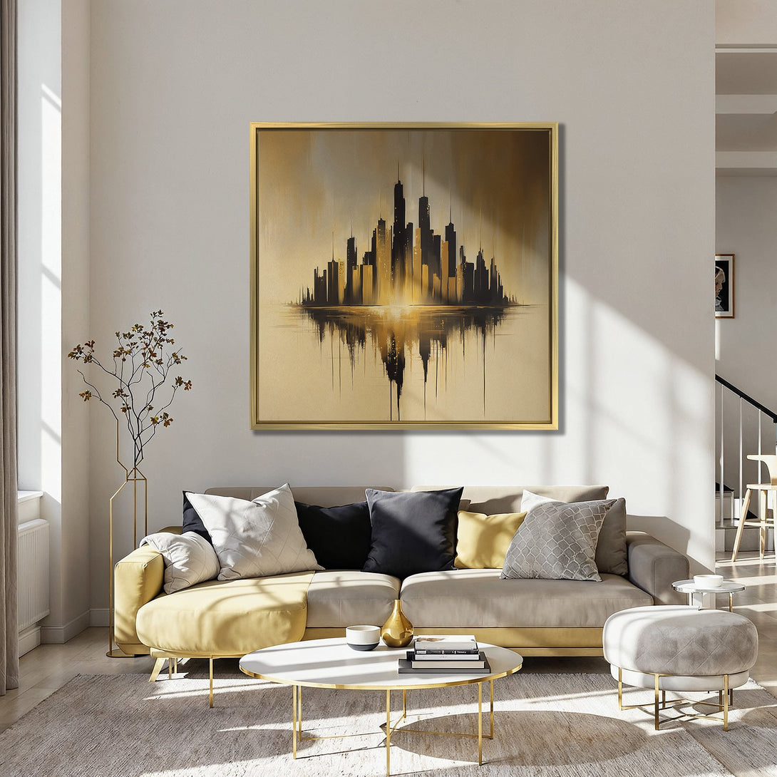 Canvas Print of a cityscape in gold and black. Modern abstract art with a warm, inviting color palette. Perfect wall decor.
