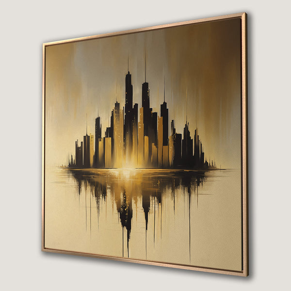 Framed Wall Art: Abstract cityscape Canvas Print in gold and black, perfect for modern home decor. Adds a touch of elegance.