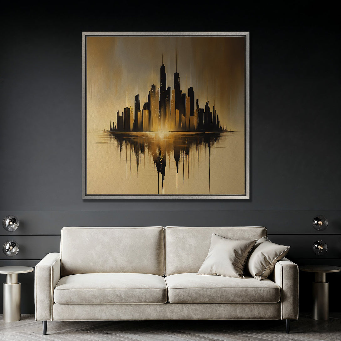 Framed Wall Art: Abstract cityscape in gold and black, displayed above a modern sofa. Adds a touch of elegance with its warm color palette.