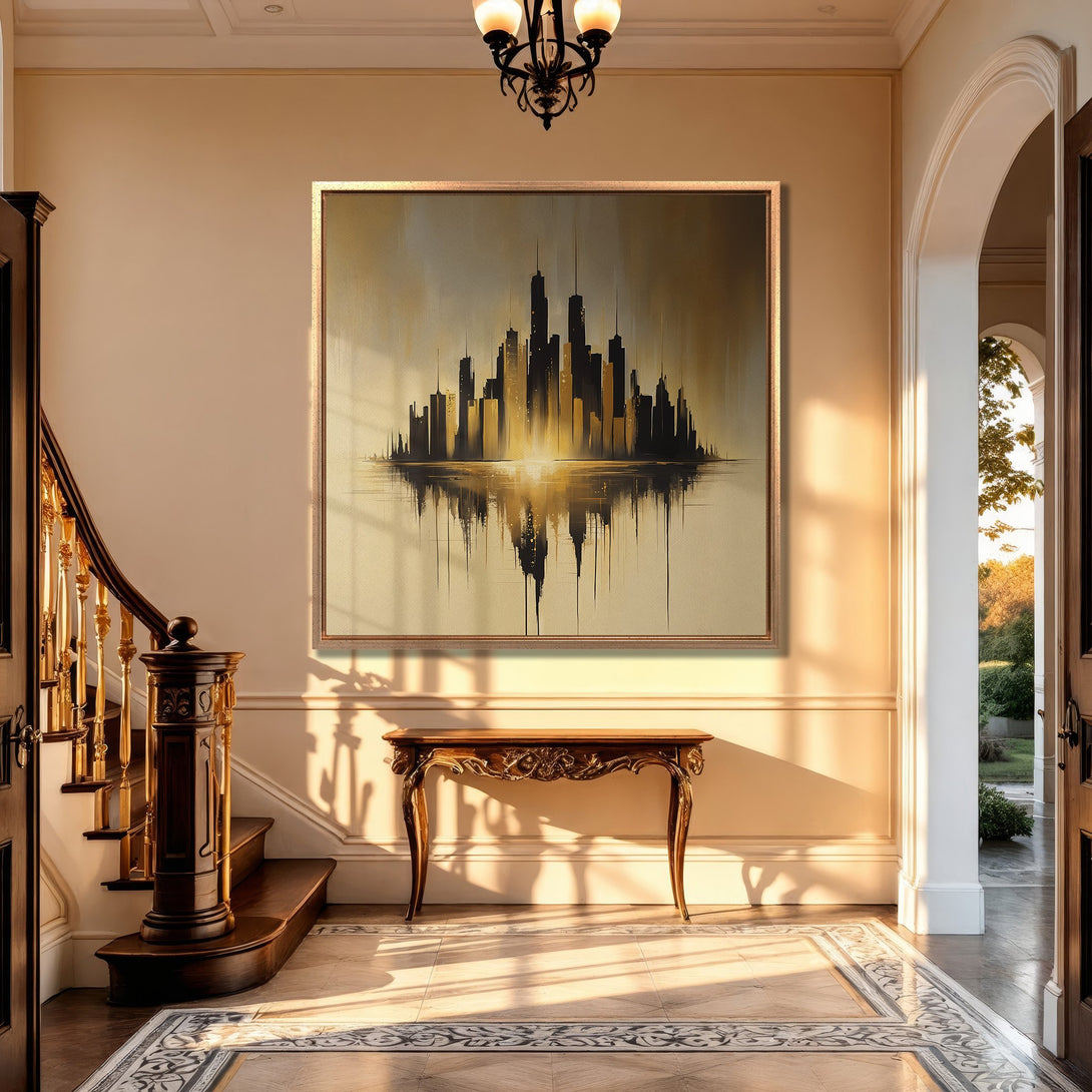 Framed Wall Art: Abstract city skyline Canvas Print in gold and black, displayed in a luxurious interior with warm, neutral color palette.