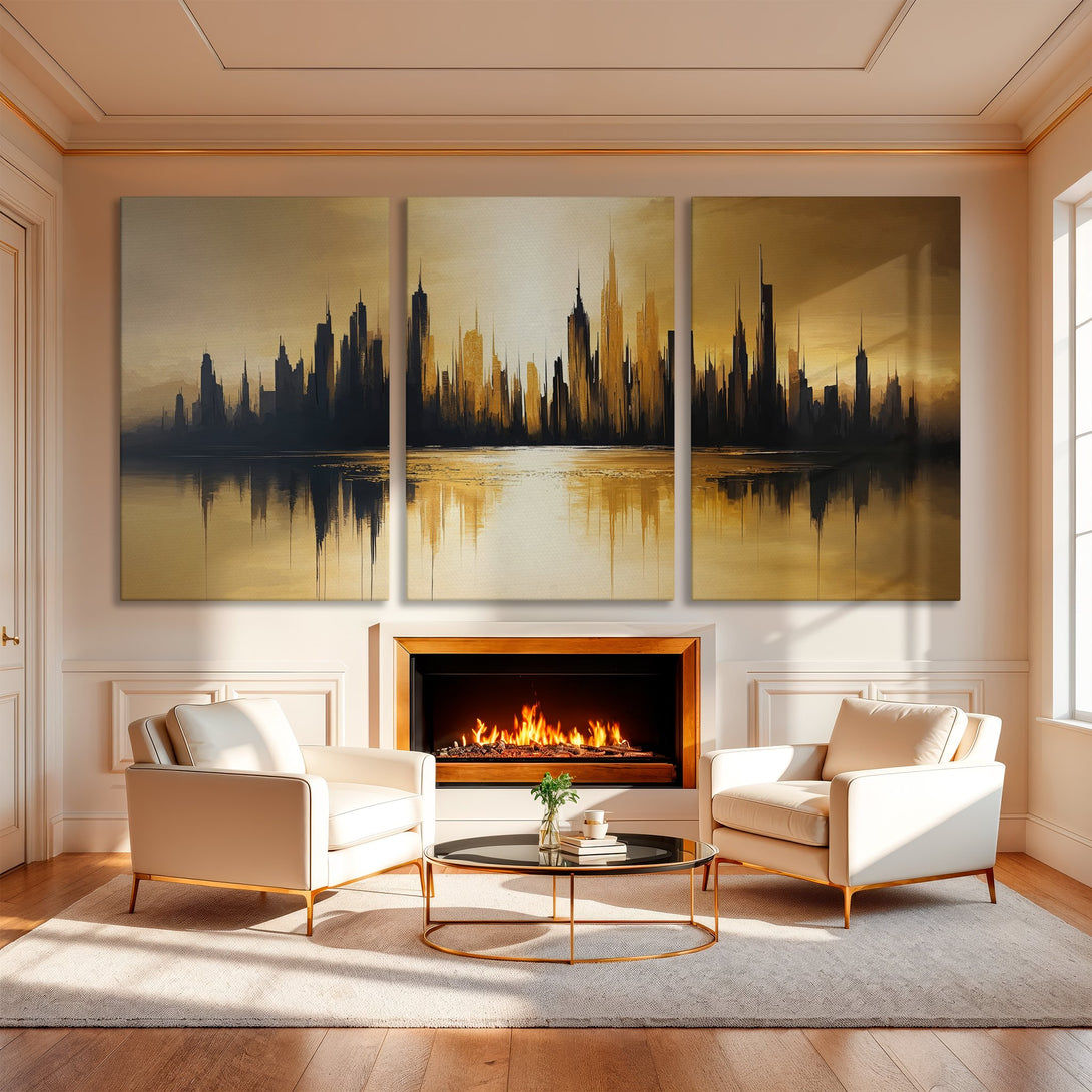 Canvas Print of a cityscape in a modern interior. Abstract art style with a gold and black color palette. Perfect wall decor.