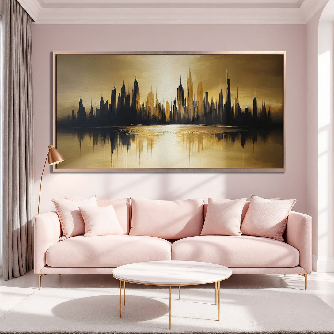 Framed Wall Art: Abstract cityscape Canvas Print in gold & black, modern style. Perfect for living room decor. Shop now!