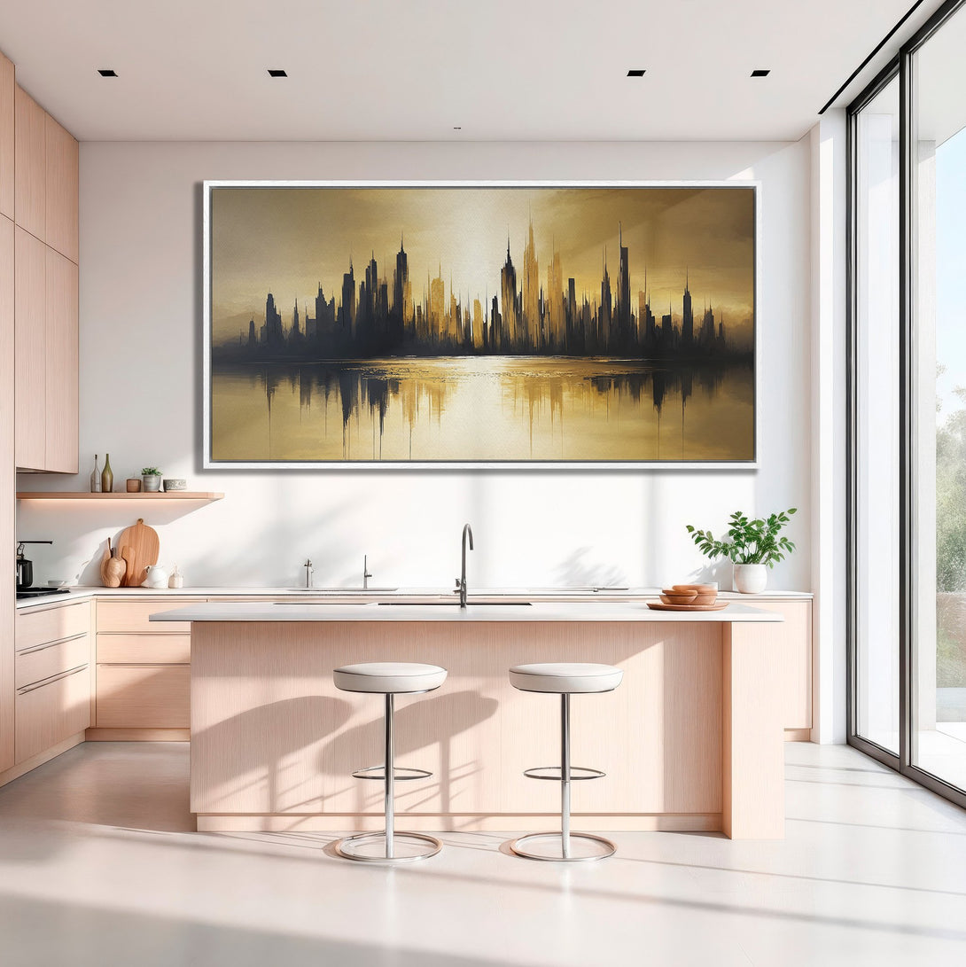 Framed Wall Art featuring a stylized cityscape in a gold and black palette. Modern art canvas print adds a touch of elegance to any interior.