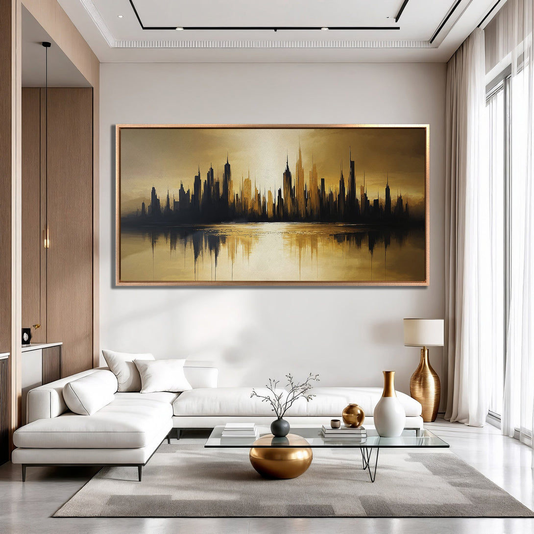 Framed Wall Art featuring a cityscape silhouette in gold and black hues. Modern abstract style Canvas Print with warm, neutral color palette, perfect for interior decor.
