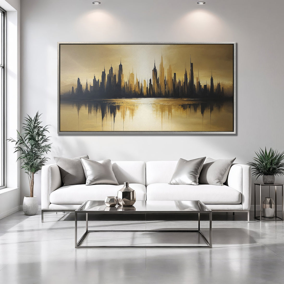 Framed Wall Art: Abstract city skyline canvas print in gold and black, modern art for living room decor.