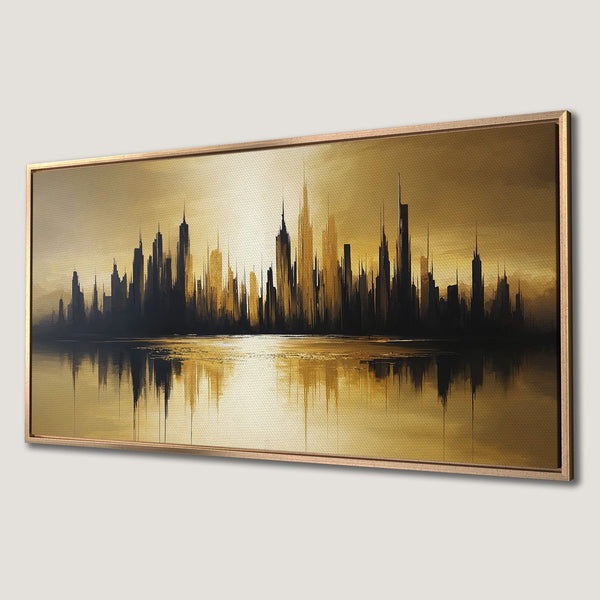 Framed Wall Art of a cityscape silhouette in a modern style, featuring a gold and black color palette. Enhance your home decor with this stunning canvas print.