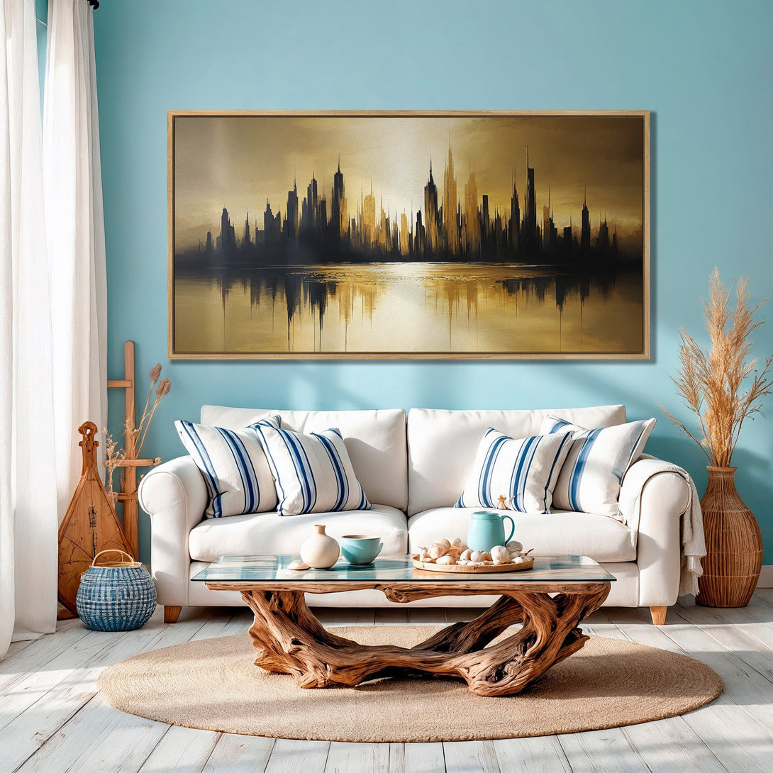 Framed Wall Art: Abstract cityscape Canvas Print in gold and black, perfect for modern home decor with a coastal blue color palette.