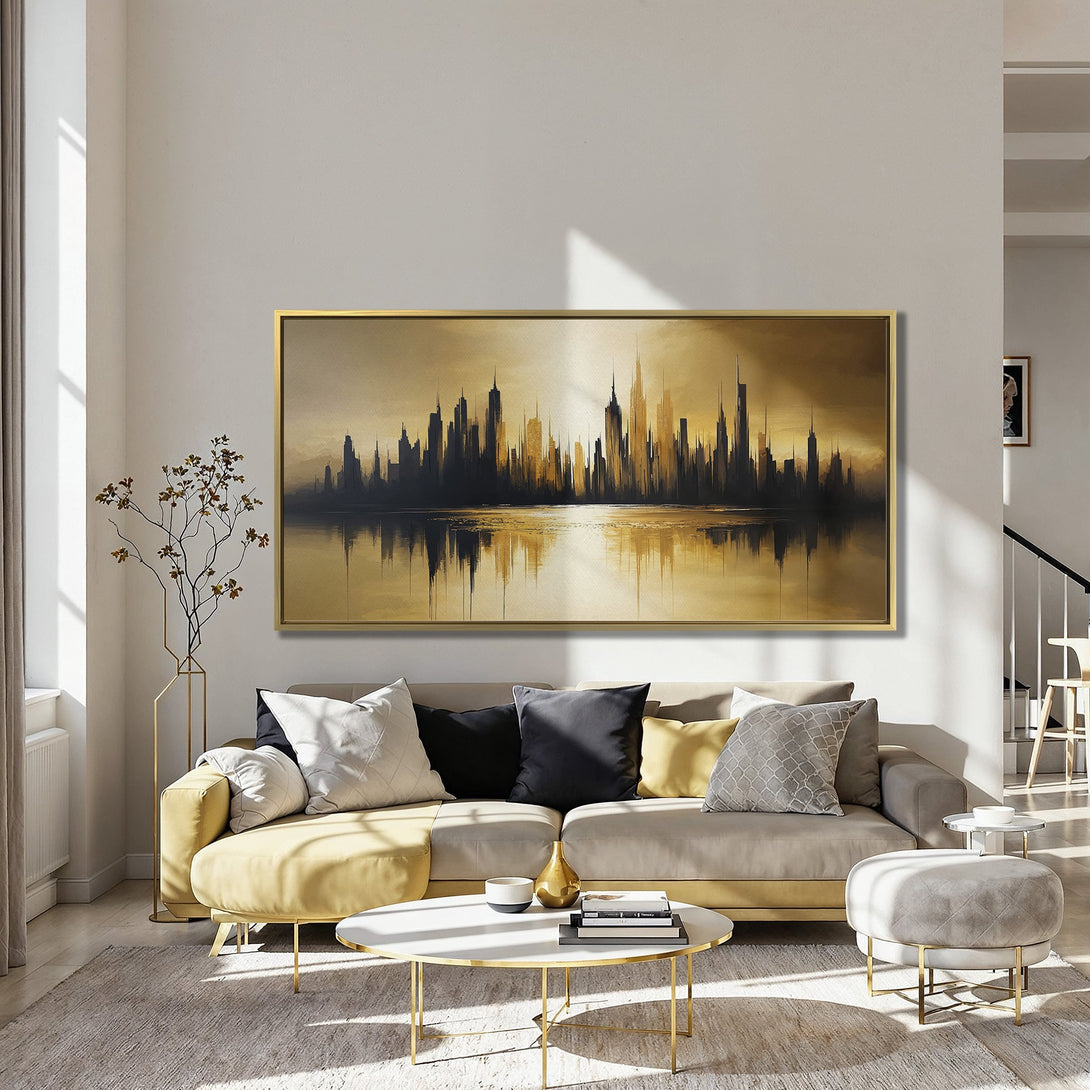 Canvas Print of a cityscape in a warm gold and black palette, modern style, perfect for living room decor.