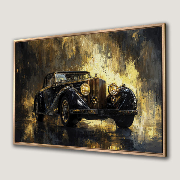Framed Wall Art: Vintage car painting in gold and black, abstract style. Perfect for adding a touch of luxury and sophistication to any space.
