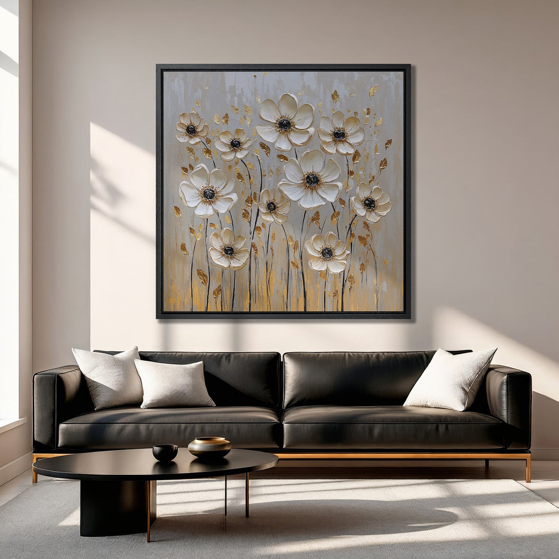 Framed Wall Art: Elegant floral Canvas Print in neutral tones with gold accents. Perfect for adding a touch of sophistication to any living room.