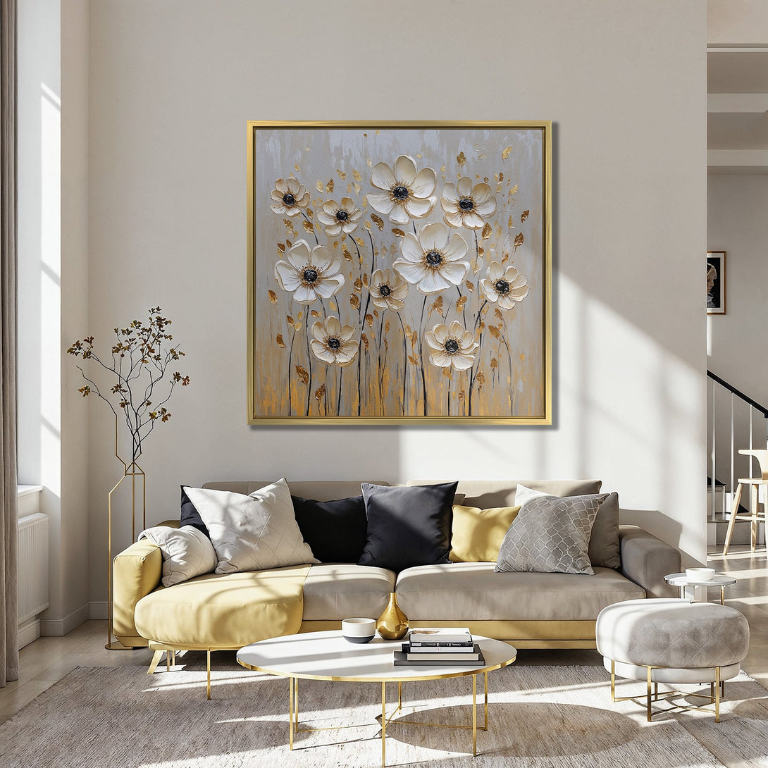 Canvas Print of elegant white and gold floral art, displayed in a stylish interior with red chairs and a teal wall.