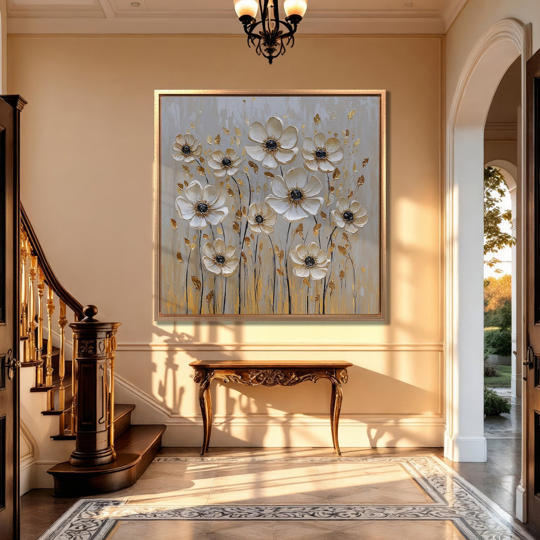 Framed Wall Art: Elegant floral painting in neutral tones with gold accents. Perfect for adding a touch of luxury to any space. Shop now!