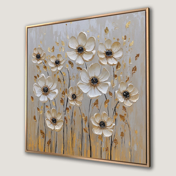 Framed Wall Art: Elegant floral canvas print with white flowers, gold accents, and a neutral color palette. Perfect for modern home decor.