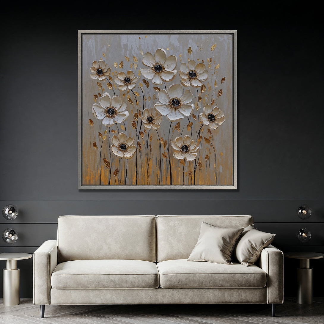 Framed Wall Art featuring elegant white floral design with gold accents, perfect for modern home decor. Neutral color palette adds a touch of sophistication.