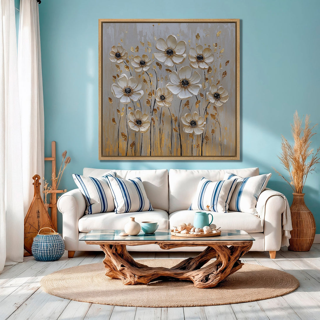 Framed Wall Art: Elegant floral Canvas Print in neutral & gold tones. Coastal living room decor with blue accents. Perfect for adding a touch of nature.