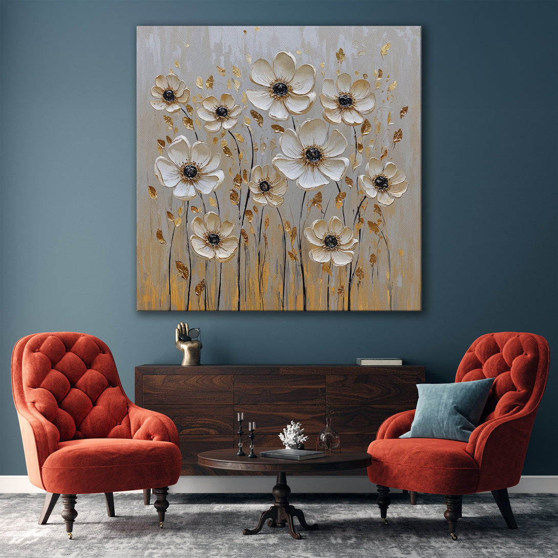 Framed Wall Art: Elegant floral canvas print in neutral tones with gold accents, perfect for modern home decor. Adds a touch of sophistication to any space.