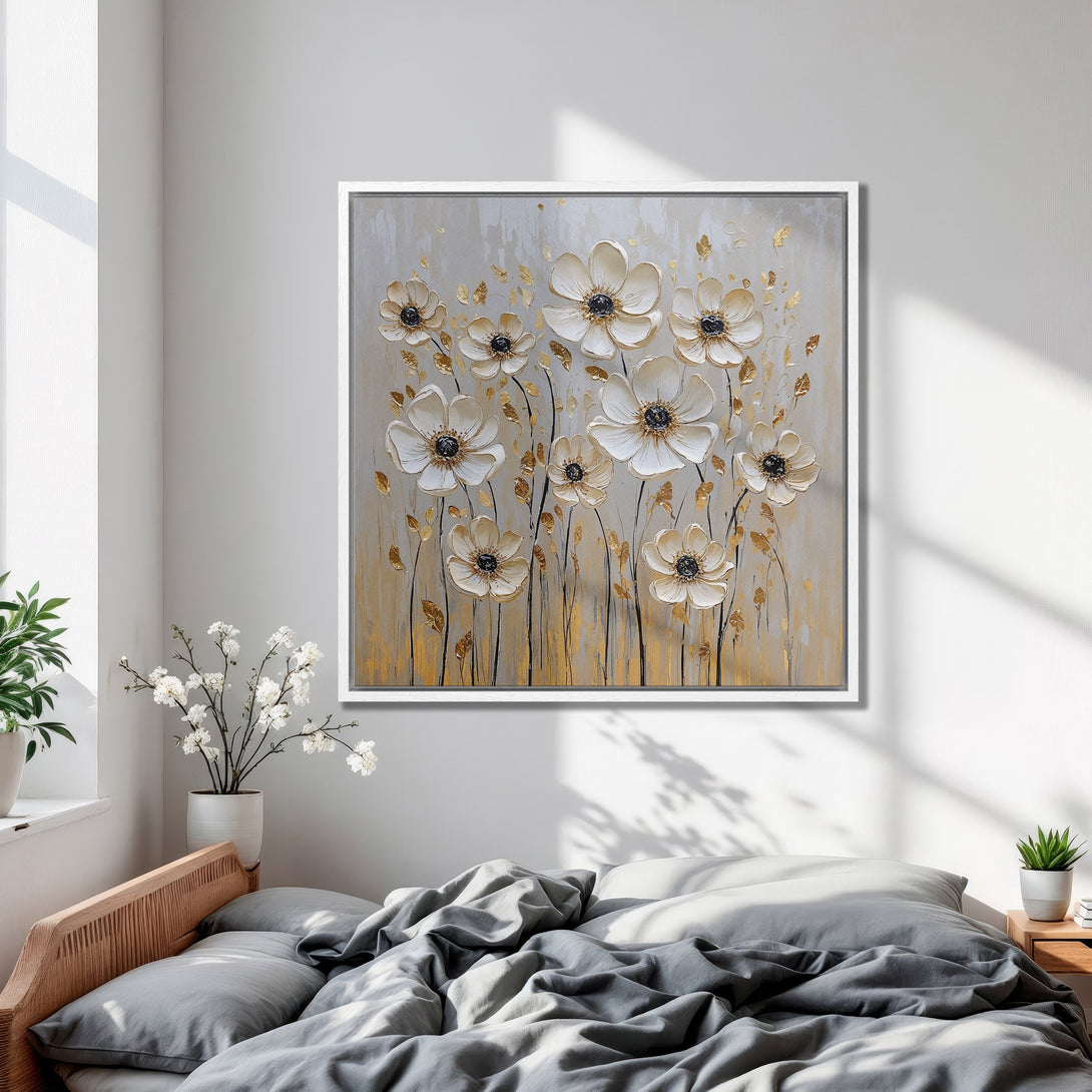 Framed Wall Art featuring elegant white and gold floral design. Modern art with a neutral color palette, perfect for bedroom decor.