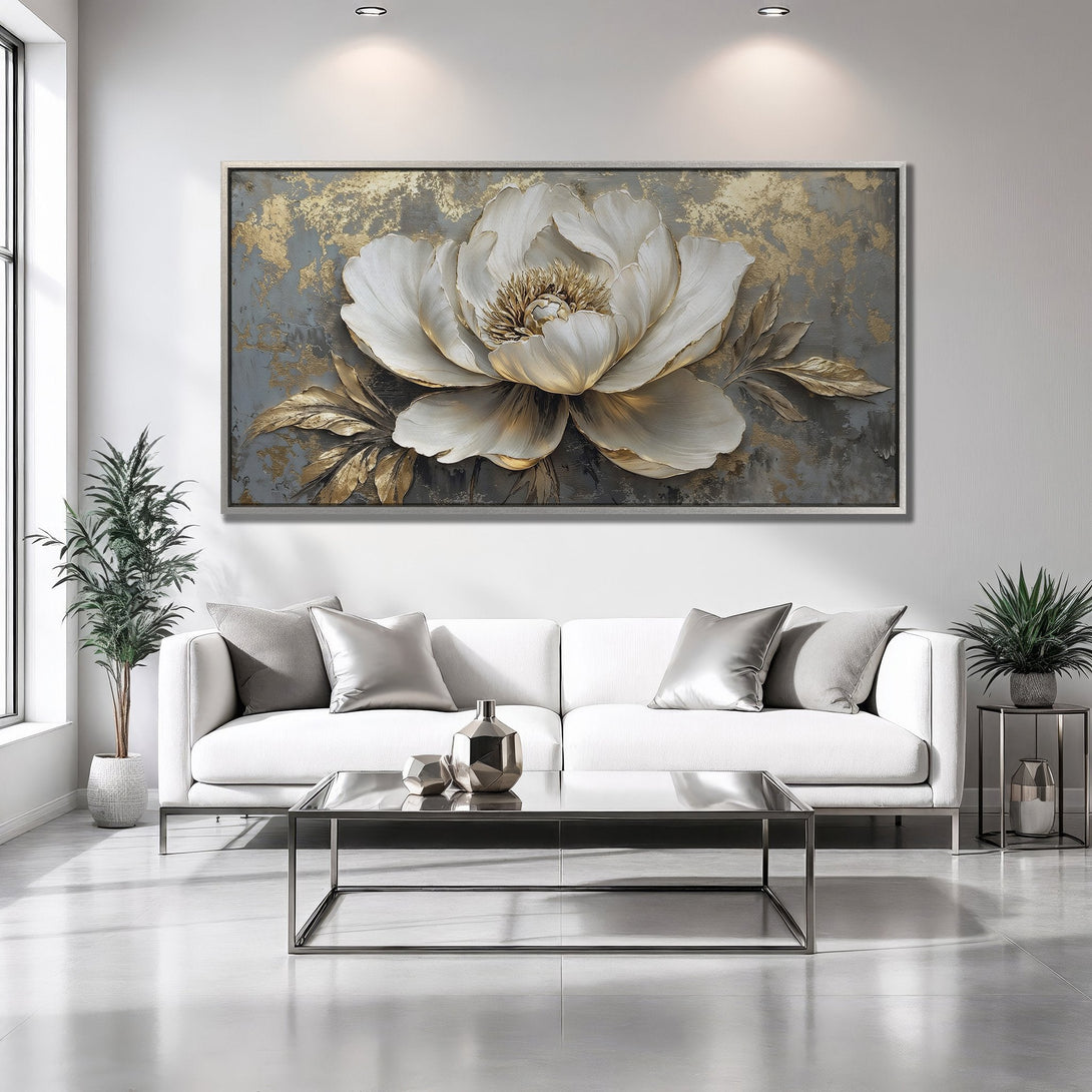 Framed Wall Art: Elegant floral canvas print in neutral tones. Modern art with gold accents, perfect for a sophisticated living room.