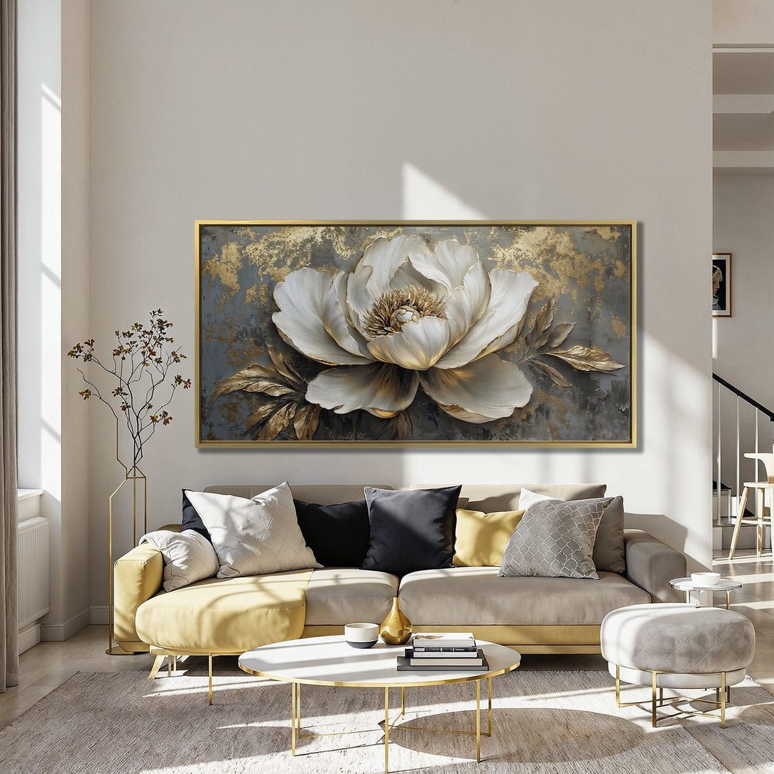Canvas Print of a large, elegant white and gold flower on a textured background. Modern art with a neutral and warm color palette.