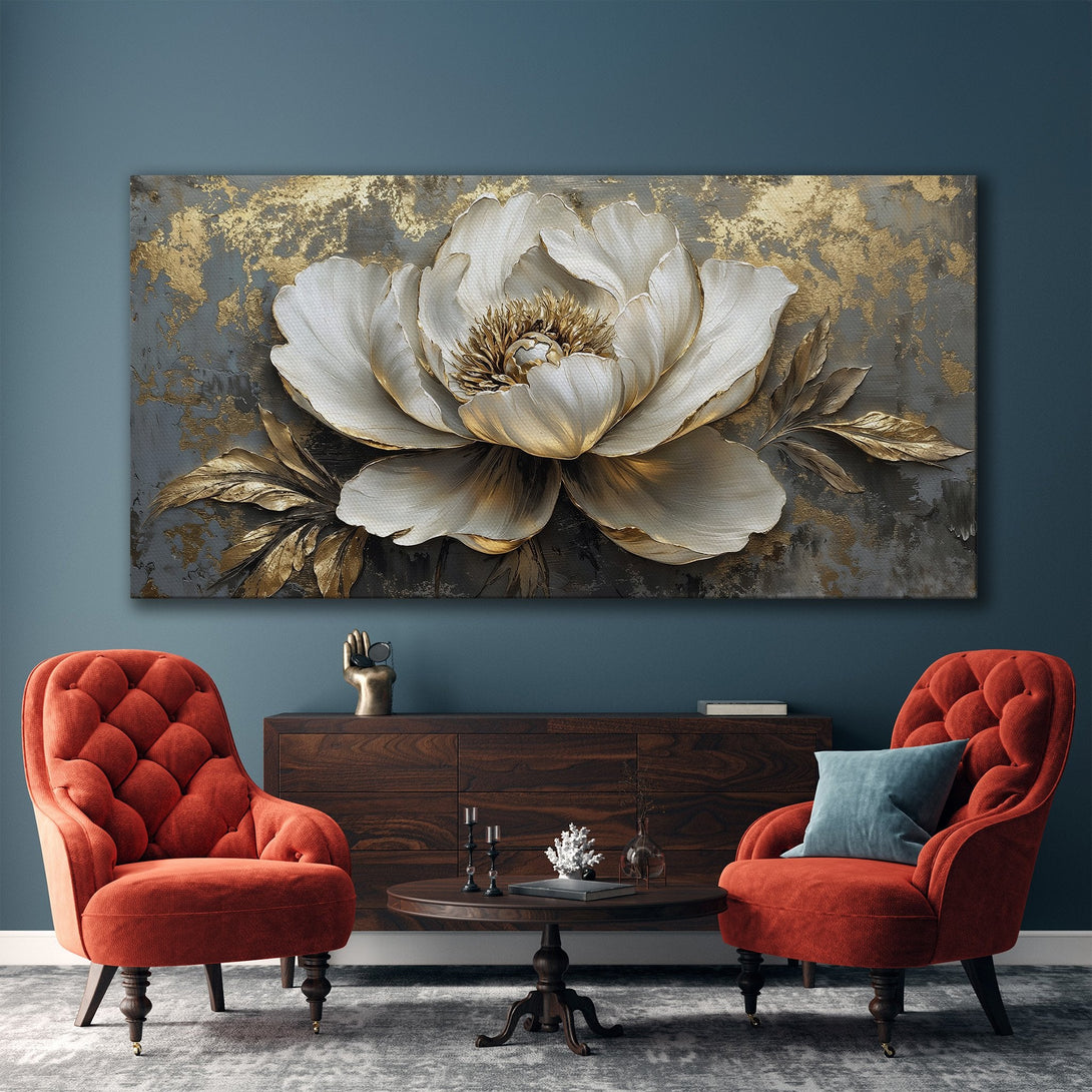 Framed Wall Art: Elegant floral canvas print in gold, grey, and white, perfect for modern home decor. Enhance your space with this stunning artwork.