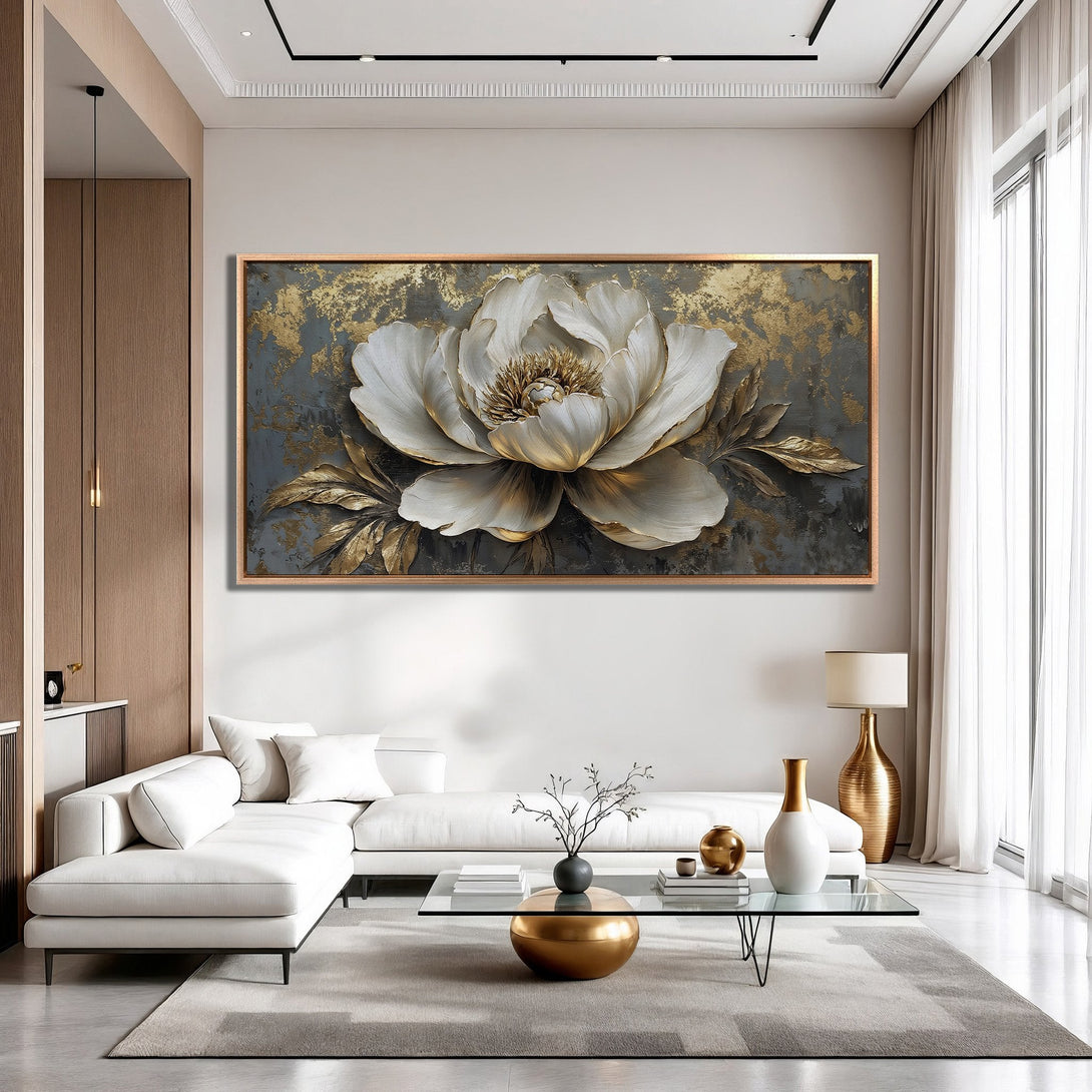 Framed Wall Art: Elegant floral canvas print in gold and white, perfect for modern interior design. Adds luxury and style to any room.