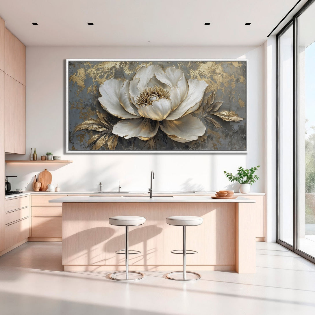 Framed Wall Art: Elegant white & gold floral canvas print. Modern kitchen decor with neutral color palette. Elevate your space with this stunning artwork!
