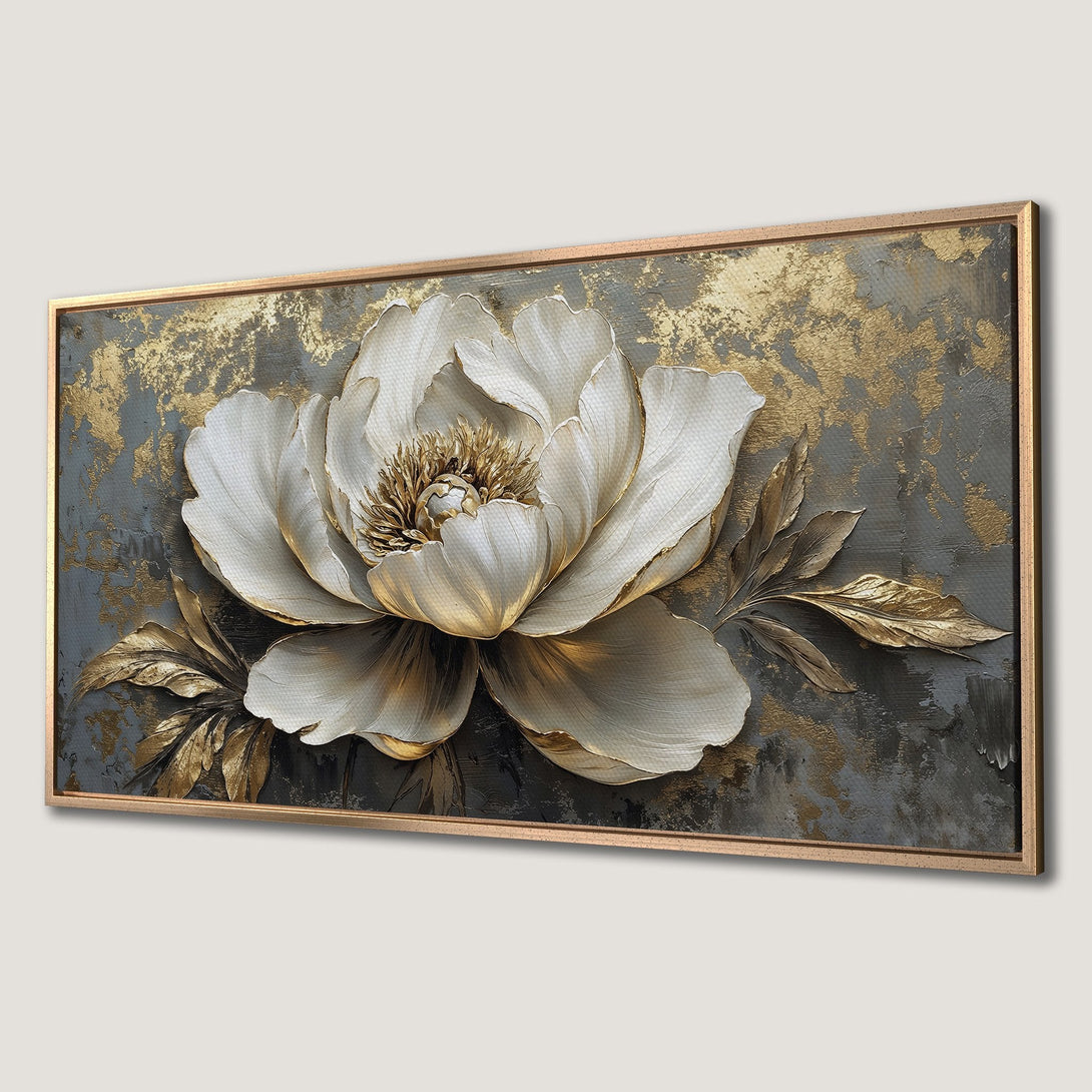 Framed Wall Art: Elegant white peony floral canvas print with gold accents on a textured gray background. Modern art for luxury home decor.