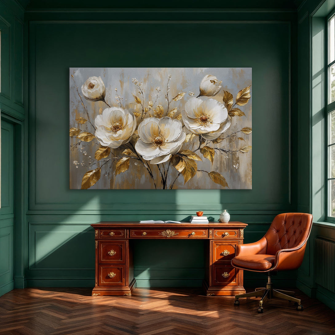 Framed Wall Art: Elegant floral canvas print in a modern style. Features white flowers with gold accents on a gray and gold background. Perfect for decor.