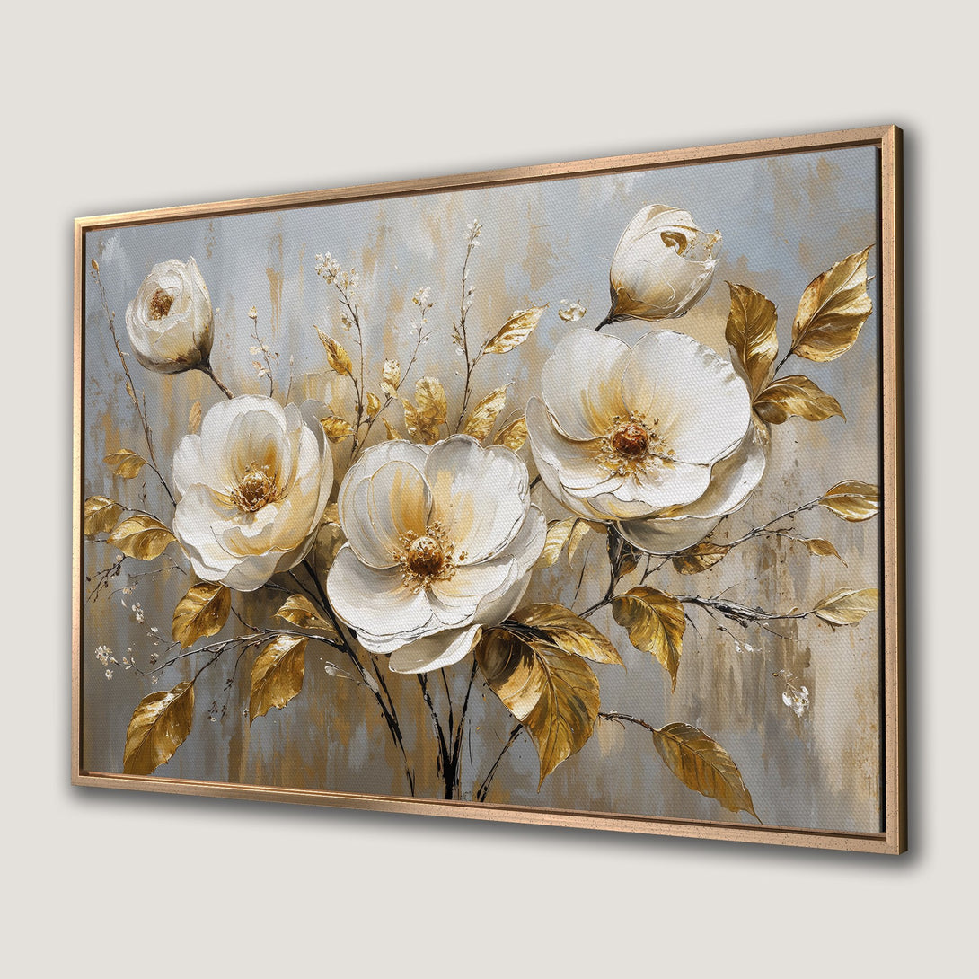 Framed Wall Art: Elegant floral canvas print featuring white flowers and gold leaves on a neutral background. Perfect for adding a touch of sophistication.