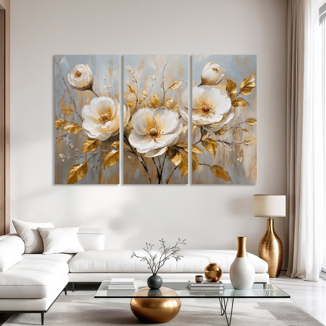 Canvas Print: Elegant floral art in white & gold. Modern abstract style, perfect for living room decor. Neutral color palette.