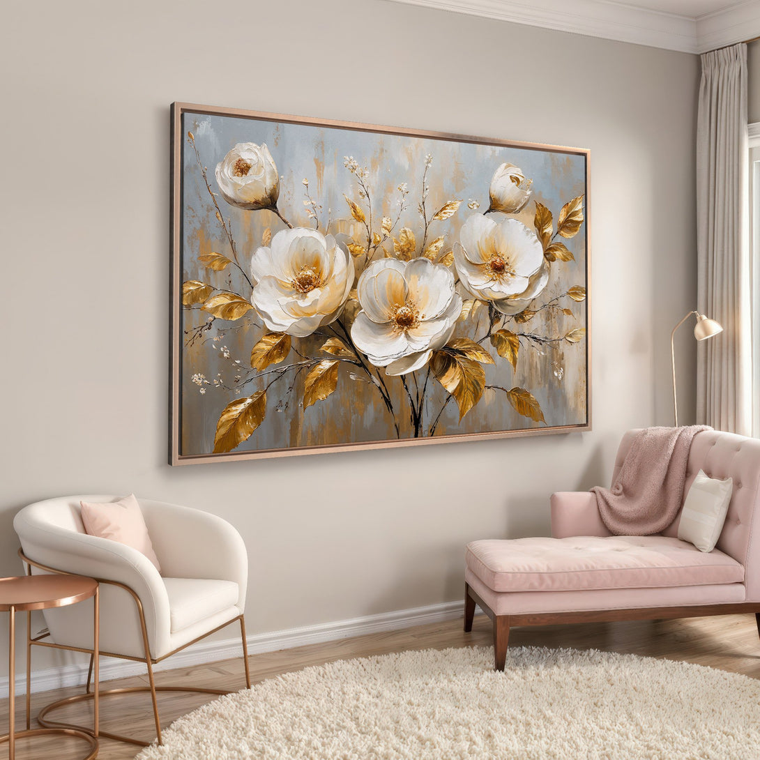 Framed Wall Art: Elegant floral canvas print in neutral tones with gold accents. Perfect for adding a touch of sophistication to any room. Shop now!