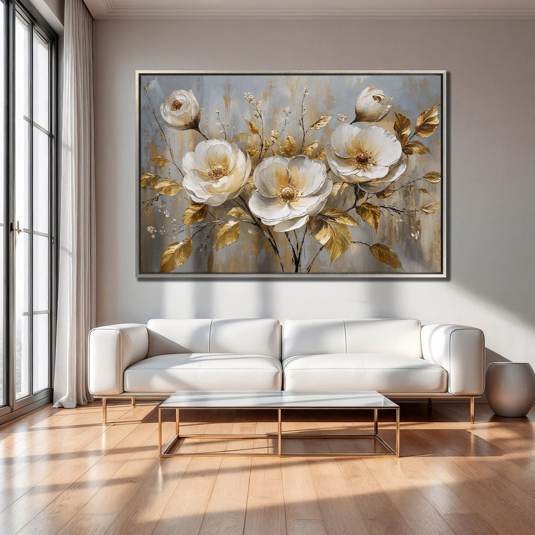 Framed Wall Art of elegant white and gold floral painting. Modern decor with a neutral and warm color palette. Perfect for living room.