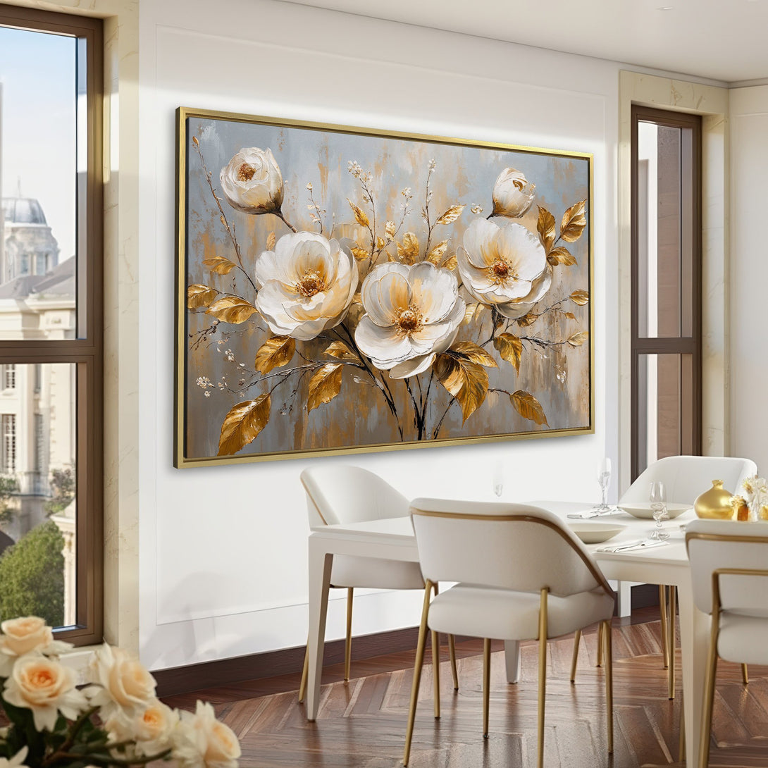 Canvas Print of elegant white floral artwork with gold accents, displayed in a sophisticated green interior. Perfect for adding a touch of luxury.